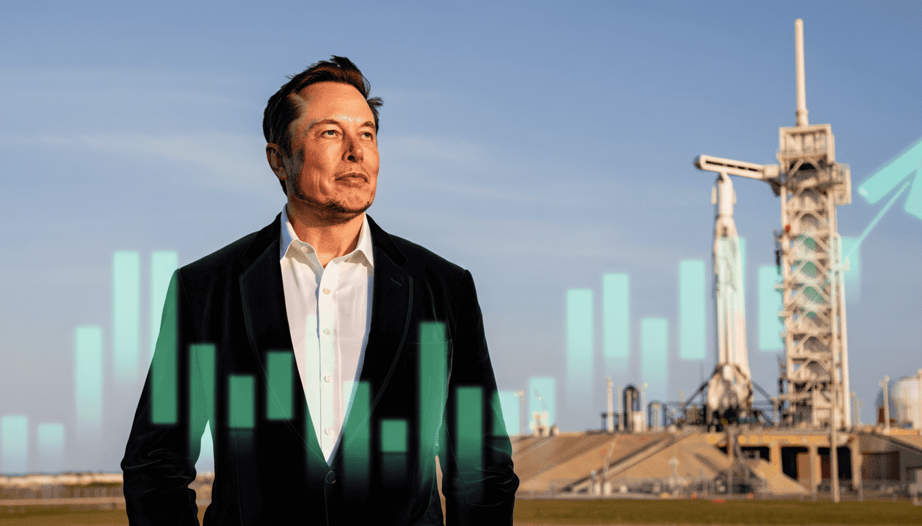 SpaceX rocket on the launchpad with stock market overlay