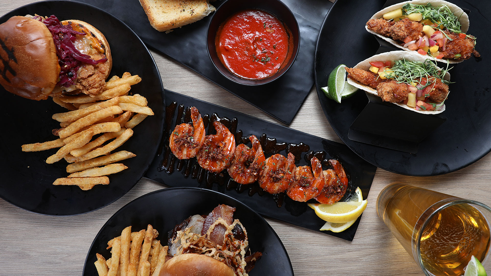 Spread of food from the Revel bar and grill